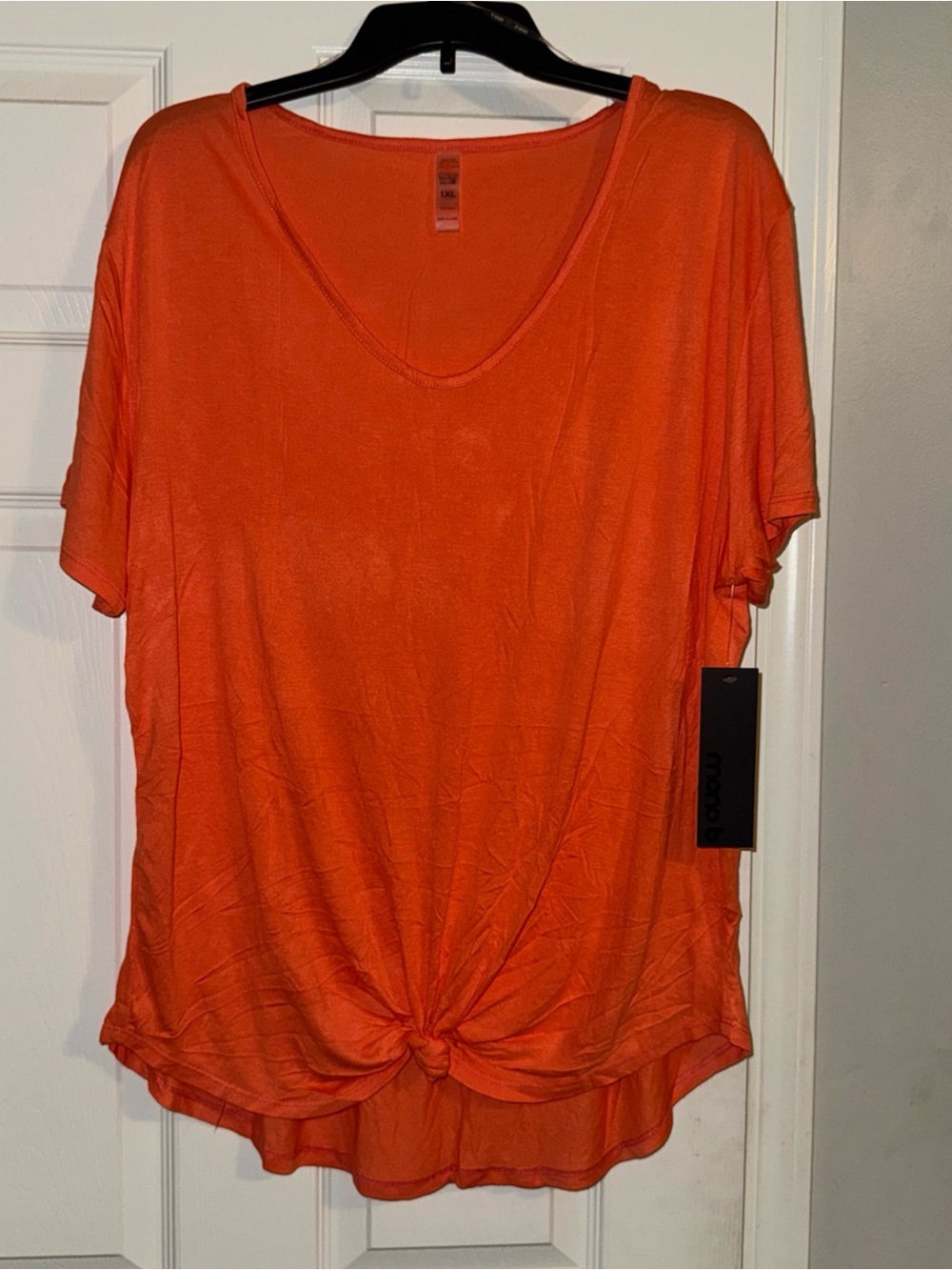 Mono B Bright Orange Knot-Front V-Neck Short Sleeve Tee